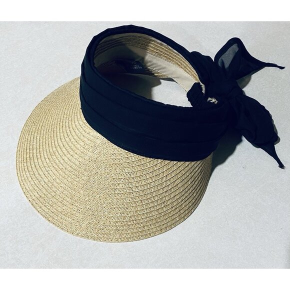 Vince Camuto Hat Womens One Size Black Chiffon Tie Bow Straw Visor Beachy Boho - Picture 1 of 6